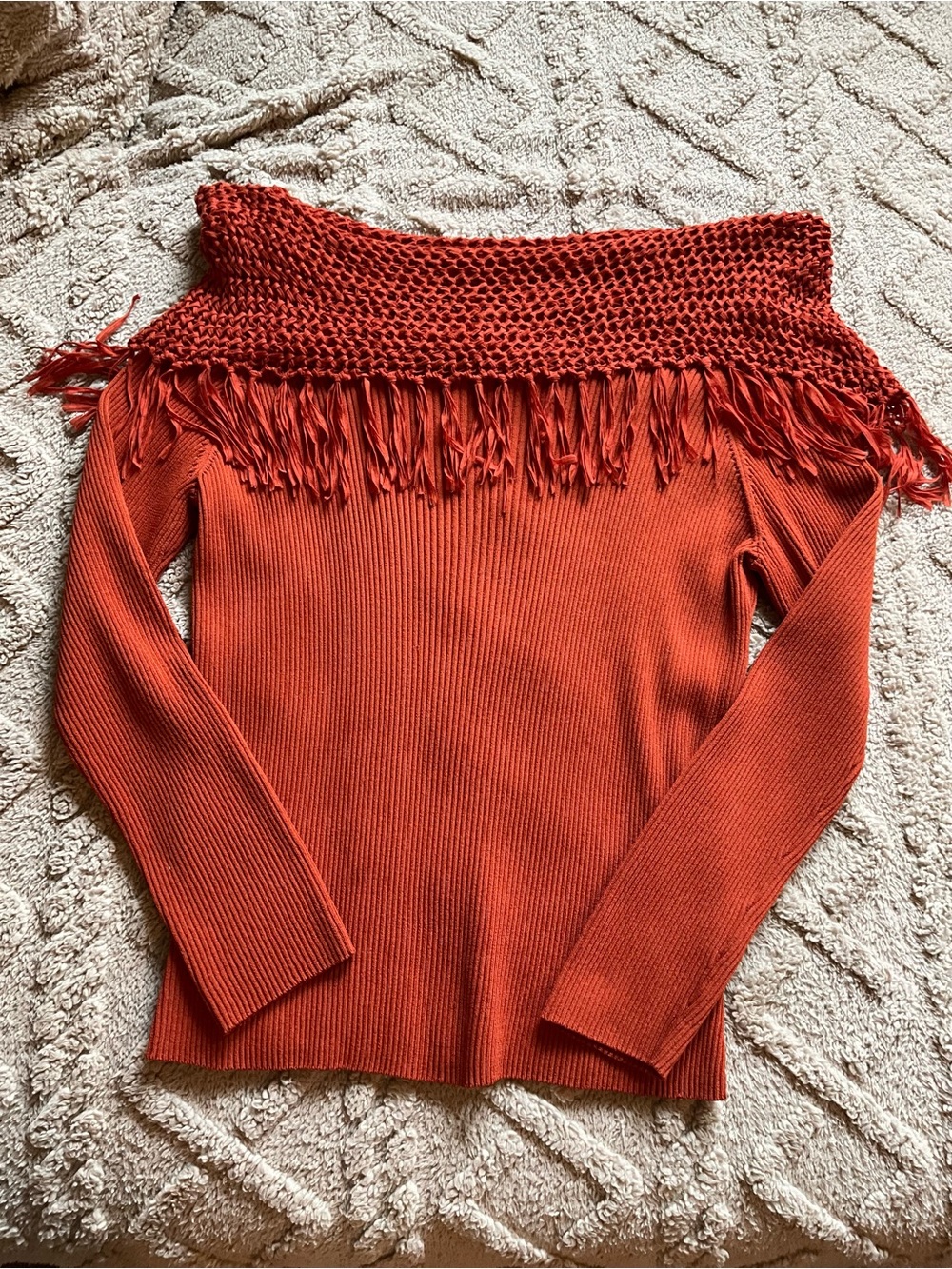 Women’s Off-the-Shoulder Fringe Sweater in Rust Orange